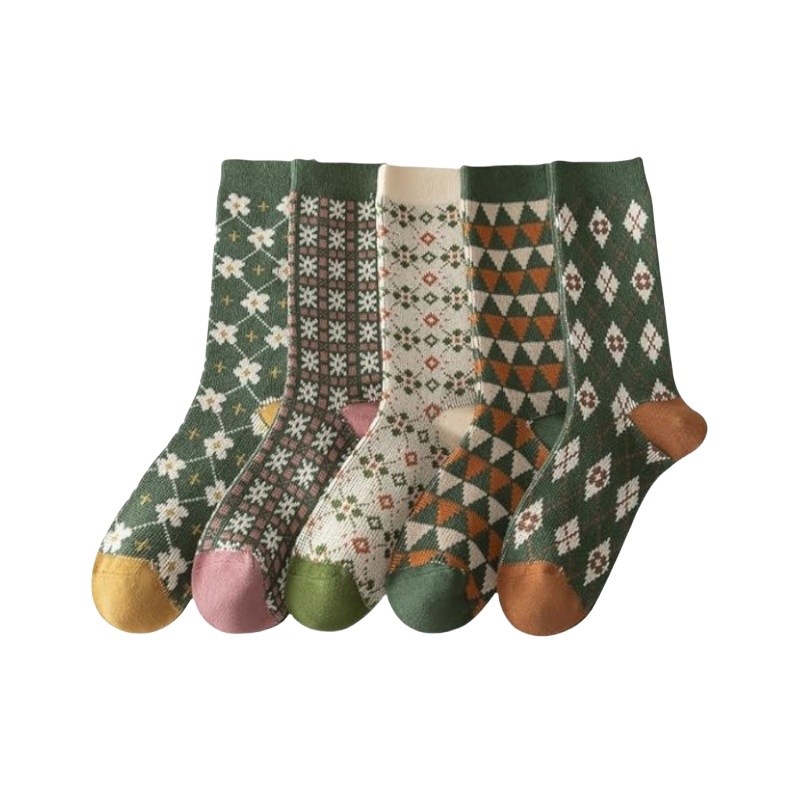 Cute Green Socks Floral Plaid Ankle Socks  Knit Christmas Socks